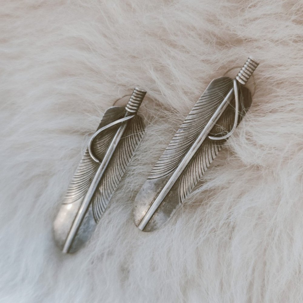 Navajo Vintage Sterling Feathers Earrings Signed " Charley "